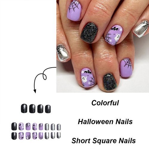 Halloween Press on Nails Short Square Fake Nails Purple False Nails with Bat Spider Web Ghost Designs Halloween Nails Full Cover Acrylic Nails Glitter Glue on Nails Stick on Nails for Women 24 Pcs