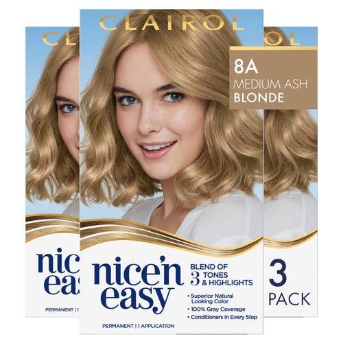 Clairol Nice'n Easy Permanent Hair Dye, 8A Medium Ash Blonde Hair Color, Pack of 3