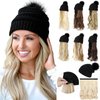 Qlenkay Beanie Hat with Long Wavy Curly Hair Extensions Knit Black Cap Attached 20inch Synthetic Wig Detachable Hairpiece Warm Pom for Women Winter Ginger Blonde Mix Bleach Blonde