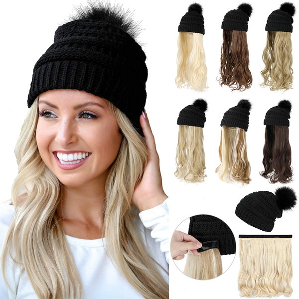 Qlenkay Beanie Hat with Long Wavy Curly Hair Extensions Knit Black Cap Attached 20inch Synthetic Wig Detachable Hairpiece Warm Pom for Women Winter Ginger Blonde Mix Bleach Blonde