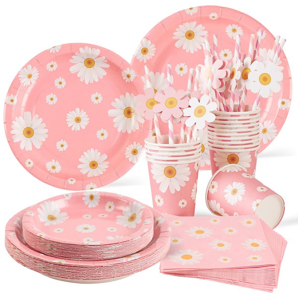 SUNBEAUTY Daisy Birthday Party Decorations,Daisy Baby Shower Decorations, Daisy Party Supplies, Daisy Plates, Cupcake Wrappers, Paper Cups, Straws Forks for Boys Kids Serves 16 Guests