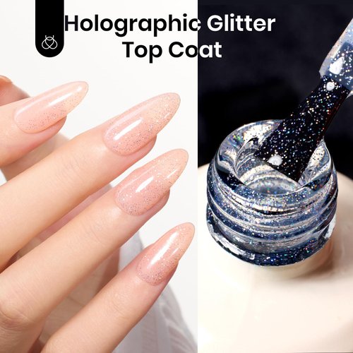 beetles Gel Polish 15ML Holographic Glitter Gel Nail Polish Top Coat Silver Mix Glossy Shiny Gel Nail Polish No Wipe Uv Gel Top Coat Polish Nail Decoration Sparkle Manicure DIY Home Salon