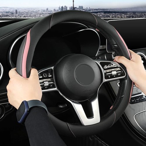 Car Steering Wheel Cover, Leather Steering Wheel Cover Pink Universal 14.5-15 Inch Microfiber Leather Anti-Slip Breathable Auto Steering Wheel Covers for Men Women (Black&Pink)