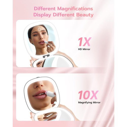 Benbilry 3.9" Rechargeable Compact Makeup Mirror with 3 Light Colors and Magnification 1X / 10X, Double Light Strip Dimmable Travel Makeup Mirror LED Compact Mirror Small Purse Mirror, Black