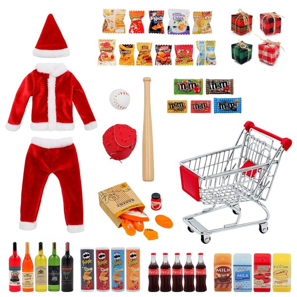 BEIREG Elf Clothes and Accessories - 52Pcs Christmas Elf Clothes Accessories Set Include Elf Santa Clothes Mini Snacks and Drinks Props Mini Shopping cart Christmas DIY Craft Gift for Kids