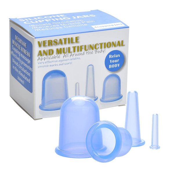 lychee Anti Cellulite Cupping Therapy Set for Family 4Pcs Silicone Vacuum Massage Cups - Chinese Cupping Kit for Body and Facial Massager for Adults Home Use (Blue)