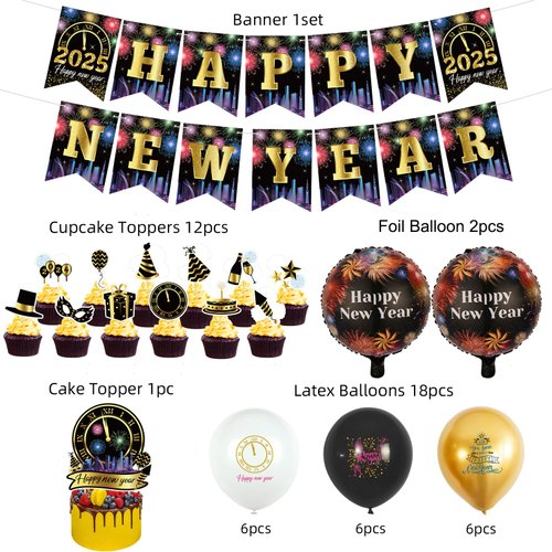 New Years Eve Party Supplies 2025 Happy New Year Decorations Firework New Years Banner New Years Balloons for New Year's Eve Party Supplies