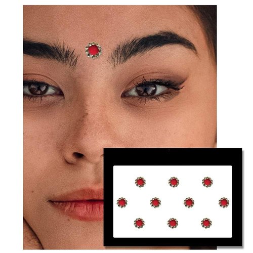 Generic Multi Size Indian Daily Use Dot Bindi Tattoo Stickers Adhesive Body Bindi Face Jewelry Forehead Bindi Round Dot for Women Bridal Forehead Decor (Red with golden border, 4 mm)