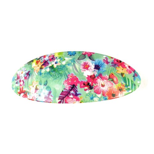 Aqua pink green barrette floral oval plastic curved hair clip 3.25 inches long 1.25 inches wide flowers