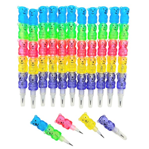 Zugar Land Colorful Transparent Stackable Bear Shaped Pencils (5") Fine Point Already Sharpened Ready to Use! 5 Parts and 5 Colors Each! Plastic. Party Favor, School Supplies (24)
