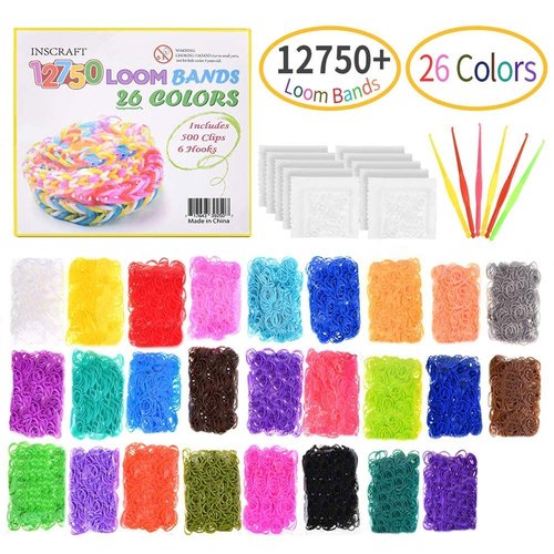Loom Rubber Bands, 12750pc Rubber Band Refill Kit in 26 Colors with 500 Clips 6 Hooks, INSCRAFT Loom Bands