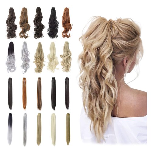Qunlinta Ponytail Extension Hair Extensions Ponytail 18" 20" Claw Curly Wavy Ponytail Extension Straight Clip in Ponytail Extension Synthetic Hairpiece Dark Brown Mix Light Auburn