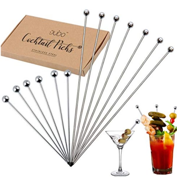 Cocktail Martini Picks and Stirrers Toothpicks – (12 Pack / 4 & 8 Inch) Reusable Cocktail Picks - Stainless Steel Metal Drink Skewers Sticks for Martini Olives Appetizers Bloody Mary Fruits