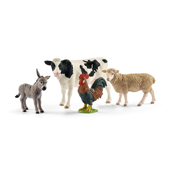 Schleich FARM WORLD - Starter Set, includes 4 x Collectible Toy Farm Animals, Cow, Sheep, Donkey Foal and Rooster Farm Animal Toys for Kids ages 3+
