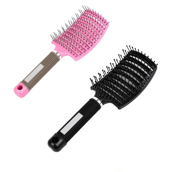 AISIBO Curved Vented Styling Hair Brush, 2PCS Anti Frizz Hair Detangling Brush, for Wet Hair or Dry Hair, Black, Pink
