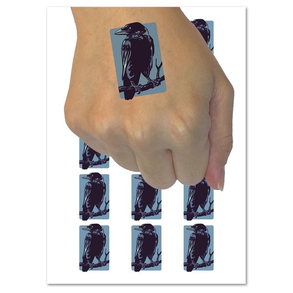 Wise Black Raven Crow Perched on Branch Temporary Tattoo Water Resistant Fake Body Art Set Collection - 54 1" Tattoos (1 Sheet)