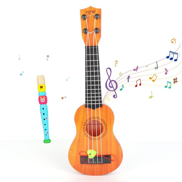 MISS. CHEN 7&7 14.96 Inch Kids Toy classical Ukulele - Mini Guitar Musical Instrument for Toddlers, 4-String Soprano Ukelele, Hawaiian Guitar with Picks & Harmonica, Early Education Learning Kit Set