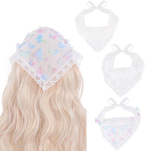 Yymobt Kerchief Headbands Bandana, 3pcs Hair Bandanas for Women Boho, Butterfly Lace Headscarf Flower Knitted Floral Hair Bandanas for Women, Headwrap for Girls Lightweight