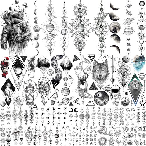 33 Sheets Outer Space Temporary Tattoos for Kids Boys Girl Women Men Adults Children, Geometry Astronaut Universe Fake Tattoo Star Moon Solar Syetem