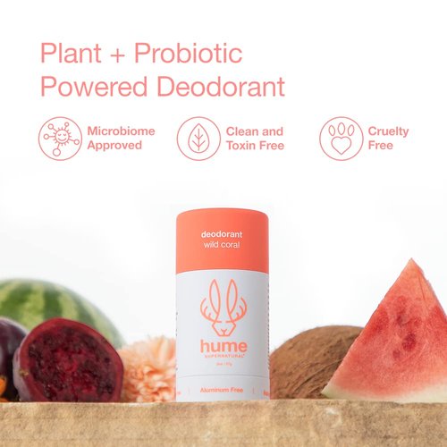 Hume Supernatural Aluminum Free Deodorant for Women & Men - Safe for Sensitive Skin - Probiotic, Plant-Based, Baking Soda Free, Aloe, & Cactus Flower, Anti Sweat, Stain & Odor - Wild Coral, 3-Pack