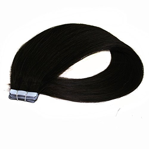 Forawme Straight PU Tape In Hair Extensions 100 Remy Human Hair Skin Weft Extensions Double Side Tape Attached Invisible Hair Extensions #1B Black 20 Inch 50g/pack 20pcs/pack