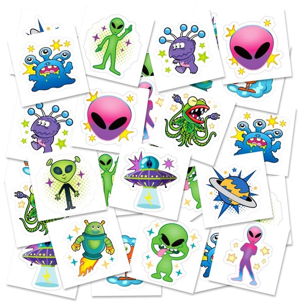 ArtCreativity Alien Temporary Tattoos for Kids, Pack of 144, Funny Extraterrestrial Tattoos, Outer Space Birthday Party Favors, Goodie Bag Fillers, Non-Candy Halloween Treats, 12 Assorted Designs
