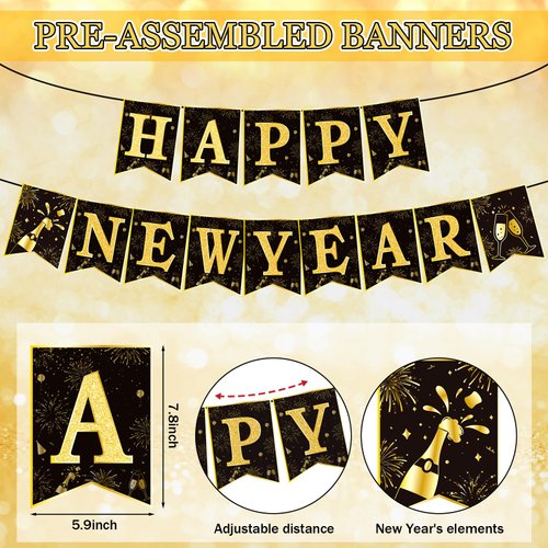 Zhehao Happy New Year Banner and 3.3 x 6.6 ft Gold Foil Fringe Curtains 2025 New Years Party Supplies Tinsel Streamer Backdrop New Year Bunting Banner for New Year Eve Party Decorations Celebration