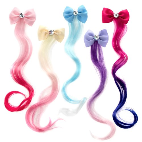 6 Pcs Hair Clips for Girls - 13in Color Hair Extensions Clip for Girls Clip On, Curly Clip in Hair Extensions with Cute Unicorn Bow for Toddler Kids Girls Ponytails Accessories