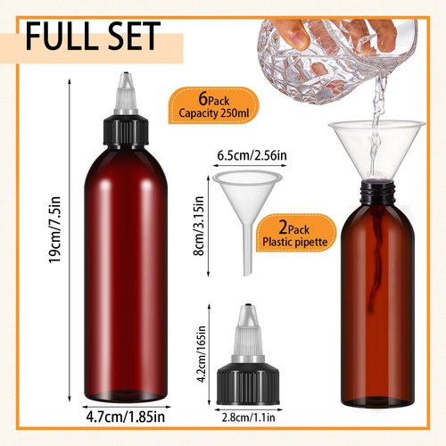 Barydat 6 Pcs Twist Top Applicator Bottle 8 oz Refillable Squeeze Bottle Empty Hair Oil Applicator Amber Plastic Bottles with Open Close Nozzle and 2 Funnels for Liquid Hair Oil Shampoo Lotion