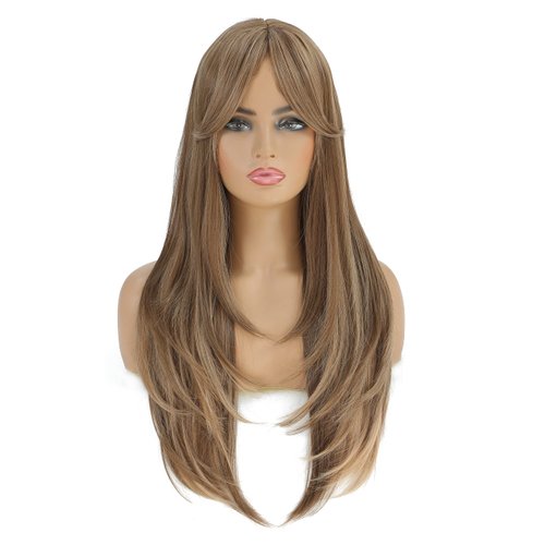 SWACC Long Layered Straight Wig with Bangs Synthetic Hair Wig for Women with Wig Cap (Brown Blond Highlight)