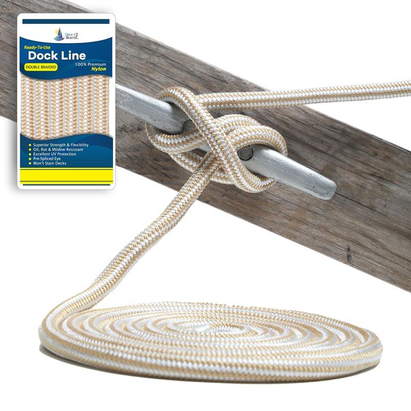 3/8" x 20' - Gold/White Durable Double Braided Nylon Dock Line - for Boats up to 25' - Long Lasting Mooring Rope - Strong Nylon Dock Lines for Boats - Marine Grade Sailboat Docking Line