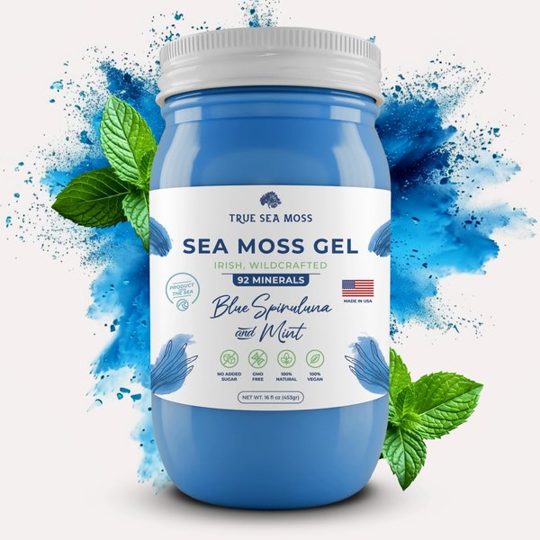 TrueSeaMoss Wildcrafted Irish Sea Moss Gel – Nutritious Raw Seamoss Rich in Minerals, Proteins & Vitamins – Health Supplement, Vegan-Friendly Made in USA (Blue Spirulina)