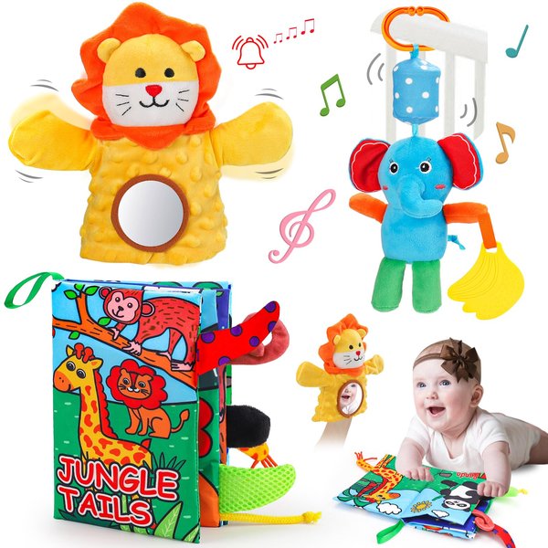 3PCS Soft Baby Toys 0-6 Months Infant Newborn Toys Tummy Time Sensory Books for Babies 0-12 Month Developmental Stroller Car Seat Travel Essentials Hanging Rattle for Boy Girl 3-6-9 Month Shower Gifts