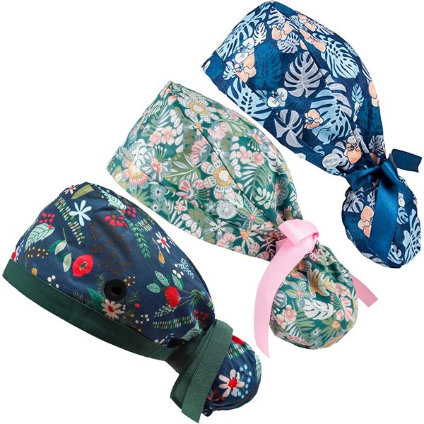 FADACHY Scrub Caps Women Ponytail, Working Cap with Button Long Hair, Adjustable Scrub Cap with Ponytail Holder, Tie Back Hats Nurse Cap for Women