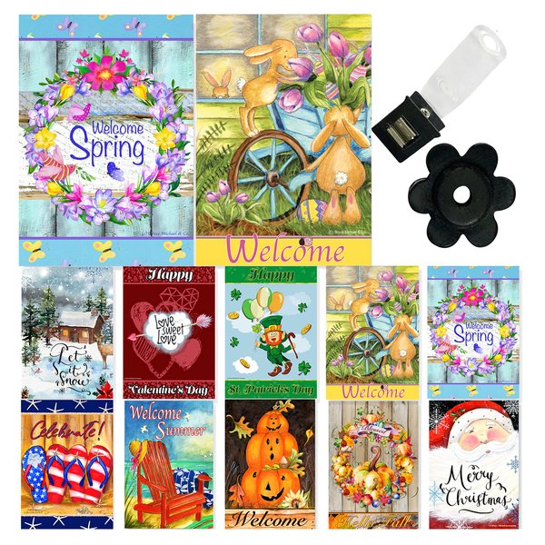 Seasonal Garden Flags Set of 10 12x18 Inch Double Sided Yard Flag Pack with Anti-Wind Clip and Stopper Outdoor Decorative Holiday Flags Small Spring Welcome Easter Banners for Outside