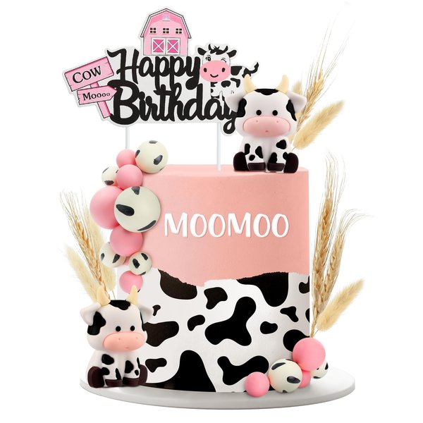 Pinkunn 23 Pcs Cow Cake Topper Farm Cake Decor Cow Cake Decorations with Cow Miniature Figurines Animal Birthday Party for Cow Theme Baby Shower Birthday Party Cake Decorations Supplies