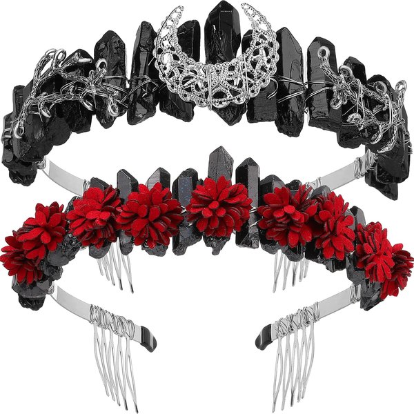 WILLBOND 2 Pcs Halloween Moon Goddess Crown Black Raw Crystal Quartz Witch Tiara Handmade Natural Stone Headpiece Women Girls for Cosplay Costume Wedding Bride Parties Fairy Rave Festival