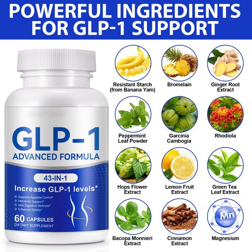 GLP-1 Supplement for Women & Men, Natural GLP-1 Support, 43 in 1 with Akkermansia Probiotic, Berberine, Inulin,Turmeric, HMB, GLP1 for GLP 1 Levels, Metabolism, Digestive & Gut Health - 60 Count