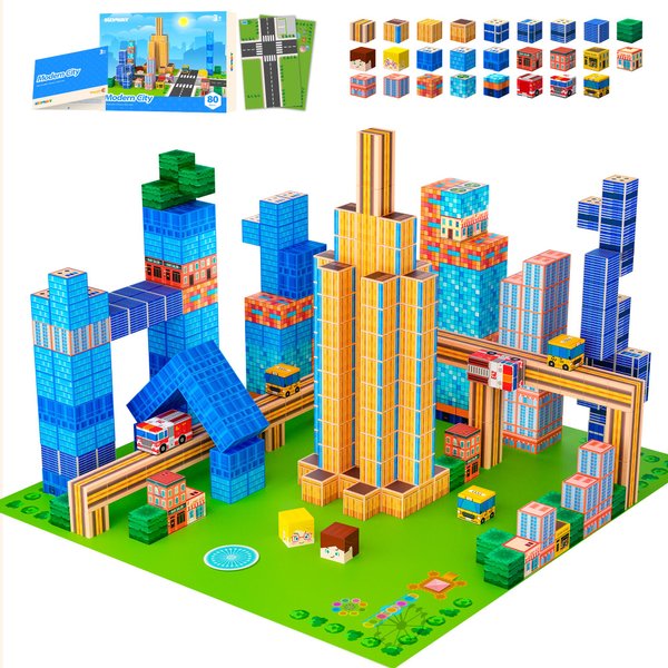 SILYMOLY Magnetic Blocks Modern City Edtion, Magnetic Tiles Building Blocks Boys & Girls Toys Age 3-5 4-8 5-7 Sensory Gift for Kids，Magnets Cubes，Upgraded STEM Gift 1.2 Inches