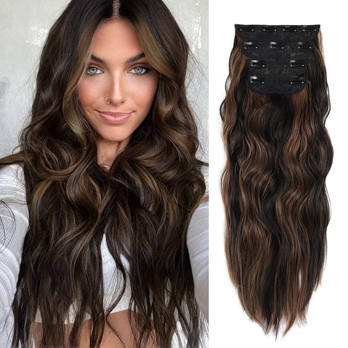 CINCIN Highlight Clip In Hair Extensions 4PCS Long Wavy Soft Thick Hairpieces for Women Full Head Synthetic Fiber Invisible Extensions (20 INCH, Dark Brown to Chestnut)