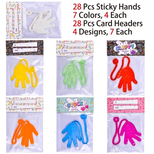 JOYIN 28 Packs Sticky Hands with Card Headers for Kids Party Favor, Classroom Exchange Prizes, Valentine’s Greeting Cards, Valentine Party Favors, Valentine Exchange Gifts
