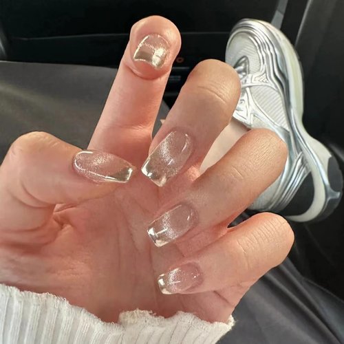 MERVF Square Press on Nails Medium Fake Nails Cat Eye Squoval Glue on Nails Press ons Sliver French tip Artificial Acrylic Nails Glossy False Nails 24pcs
