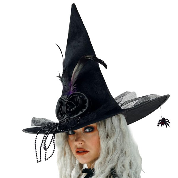 JYOUMI Halloween Witch Hat with Flower Feather Black Detachable Spider Witch Headband Hat Costume Accessories for Women Halloween Party Masquerade Cosplay Costumes