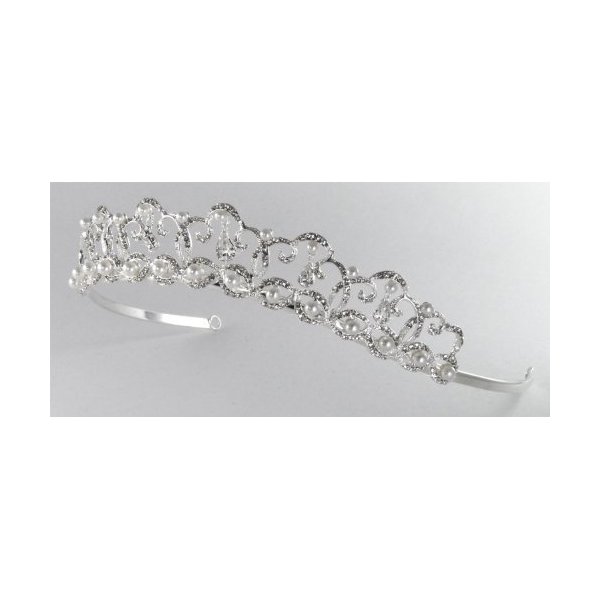 Charming Bridal Tiara of Dangling Austrian Teardrop Rhinestones, Pearls and Rhinestone-Encrusted Scrolls for Wedding, Prom, Pageant, Quinceañera or Other Special Events #85J9