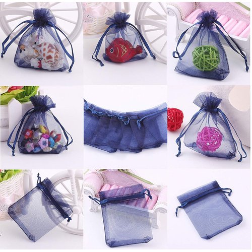 Stratalife 5X7 Sheer Organza Bags with Drawstring Mesh Small Gift Bags for Wedding Party Favor Fouch Jewelry Gift Storage Bags 100 Pcs (Navy Blue)