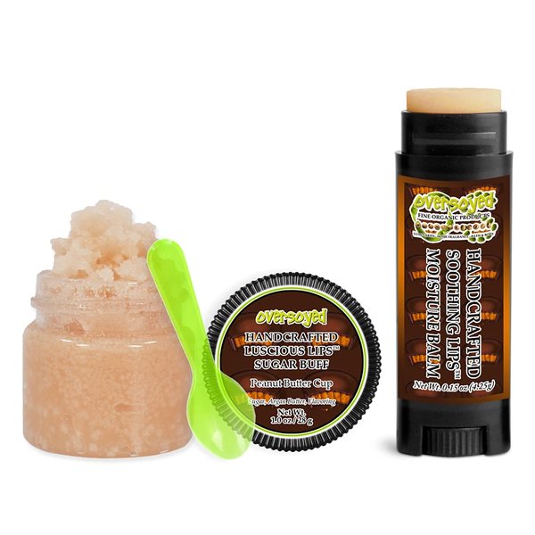 Peanut Butter Cup Soothing & Luscious Lips by OverSoyed Exfoliator & Chapped Lip Repair Lip Care Combo | Artisan Handcrafted to Order Chocolate Sugary Maple Caramel Peanut Butter Flavored Exfoliating Sugar Lip Scrub & Lip Moisturizer Balm Gift Set