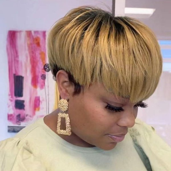 HOTKIS Pixie Cut Wig Human Hair Blonde Short Human Hair Wigs for Black Women Short Wigs Human Hair Natural Straight Short Hair Wigs Pixie Wig with Neat Bang Ombra 1b/27#