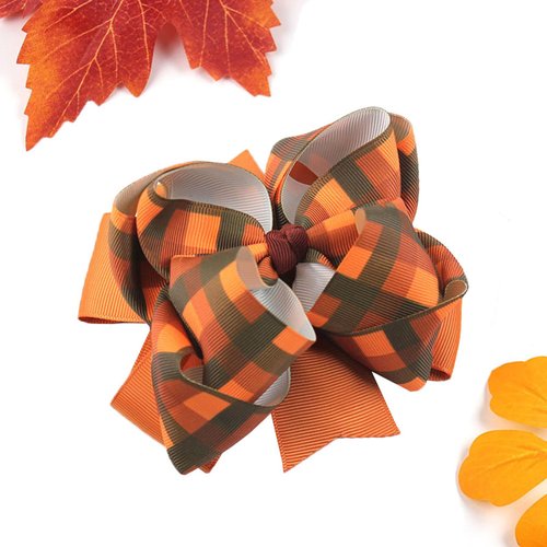 Fall Thanksgiving Hair Bow Clips Autumn Orange Brown Hair Clips Plaid Add on Grosgrain Ribbon Hair Alligator Barrettes Non Slip Bowknot Hairpin Thanksgiving Hair Accessories Hair Decoration for Girls