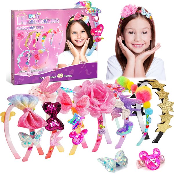 Girls Hair Accessories, Headband Making Kit,Toys Gifts for 3-12 Years Old Girls,Girls Toys Age 3-12, Arts and Craft Kits, Birthday Presents DIY Toys Christmas Gifts Easter Basket Stuffers - 49 Pc