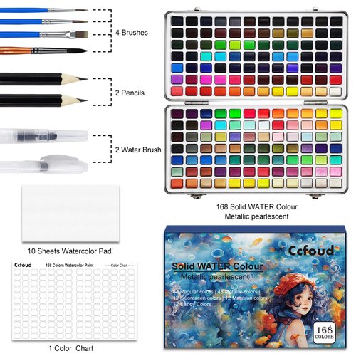 Ccfoud Watercolor Paint Set, 168 High Pigment Watercolor Painting Palettes with with metallic colors,fluorescen colors,macaron colors, for Artists,Painting Art Supplies for Adults